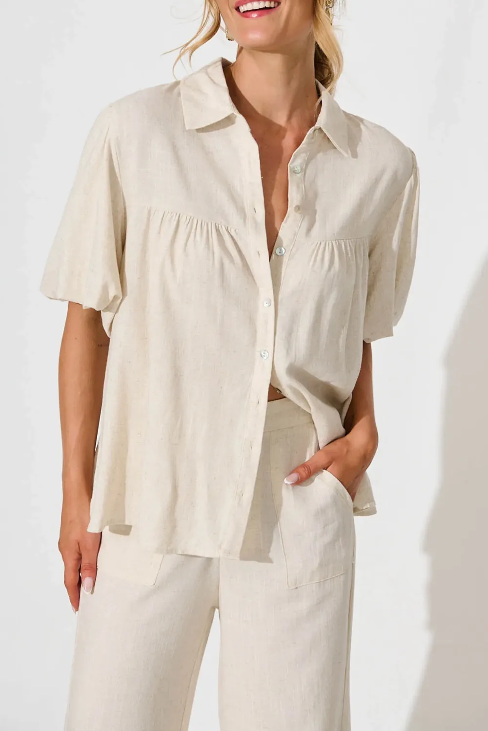 Beige Short Sleeve Button Down Linen Shirt