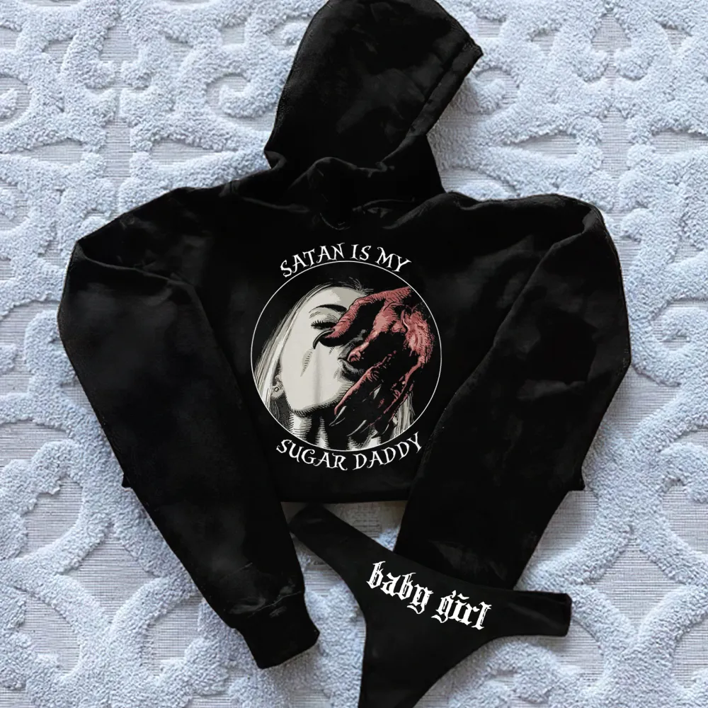 Satan Is My Sugar Daddy Printed Women's Cropped Hoodie & Thong Sets