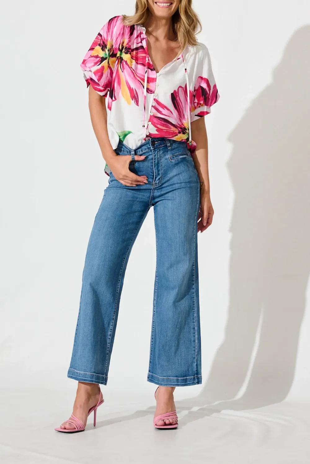 White Floral Print Half Sleeve Shirt
