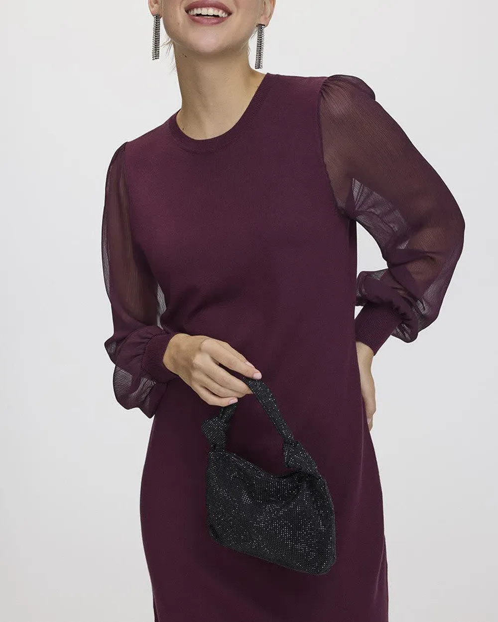 Mix-Media Long-Sleeve Crew-Neck Bodycon Dress