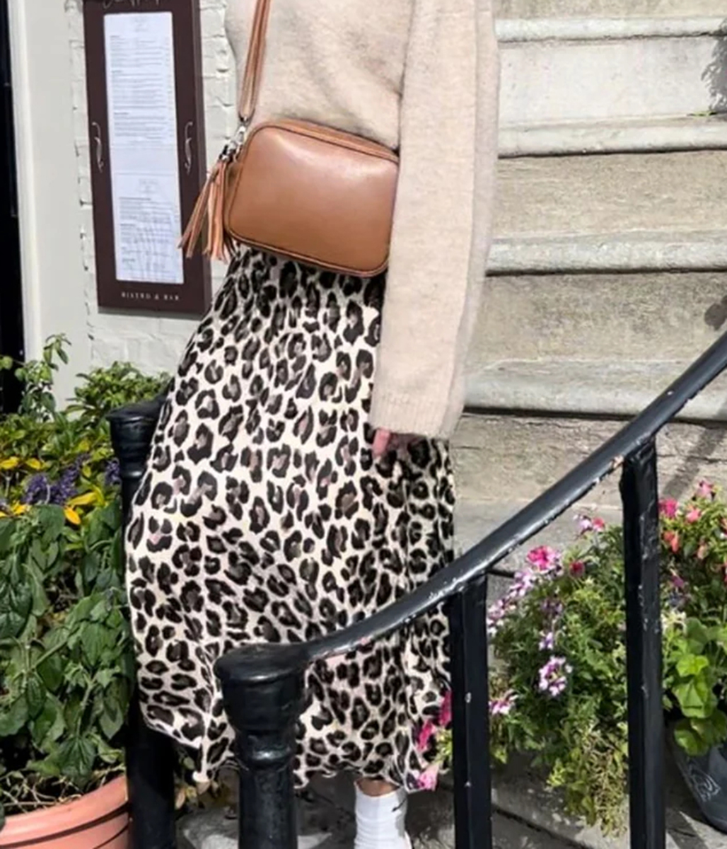 Leopard Print Satin Slip Midi Skirt