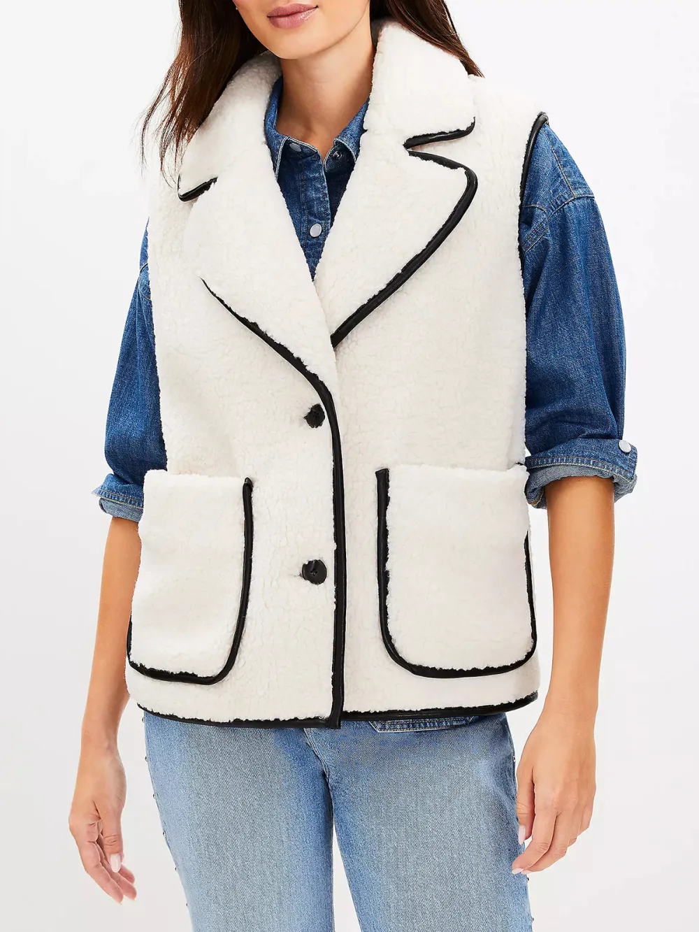 Faux Leather Trim Sherpa Vest