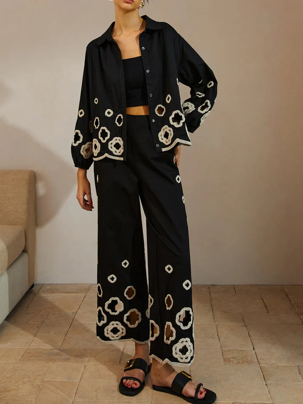 Hollow Embroidered Button Front Blouse
