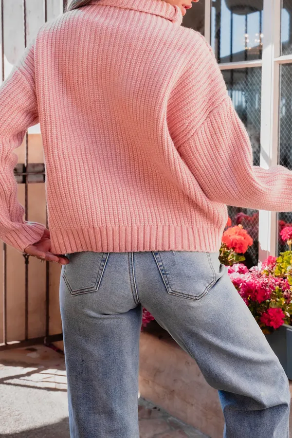 Chunky Pink Ribbed Turtleneck Sweater