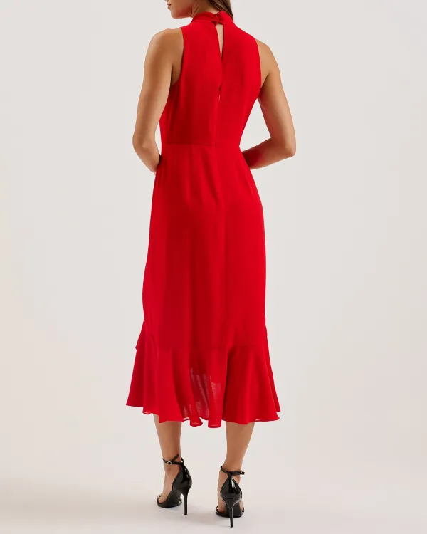 Rowaa Sleeveless Scarf Detail Midi Dress Red