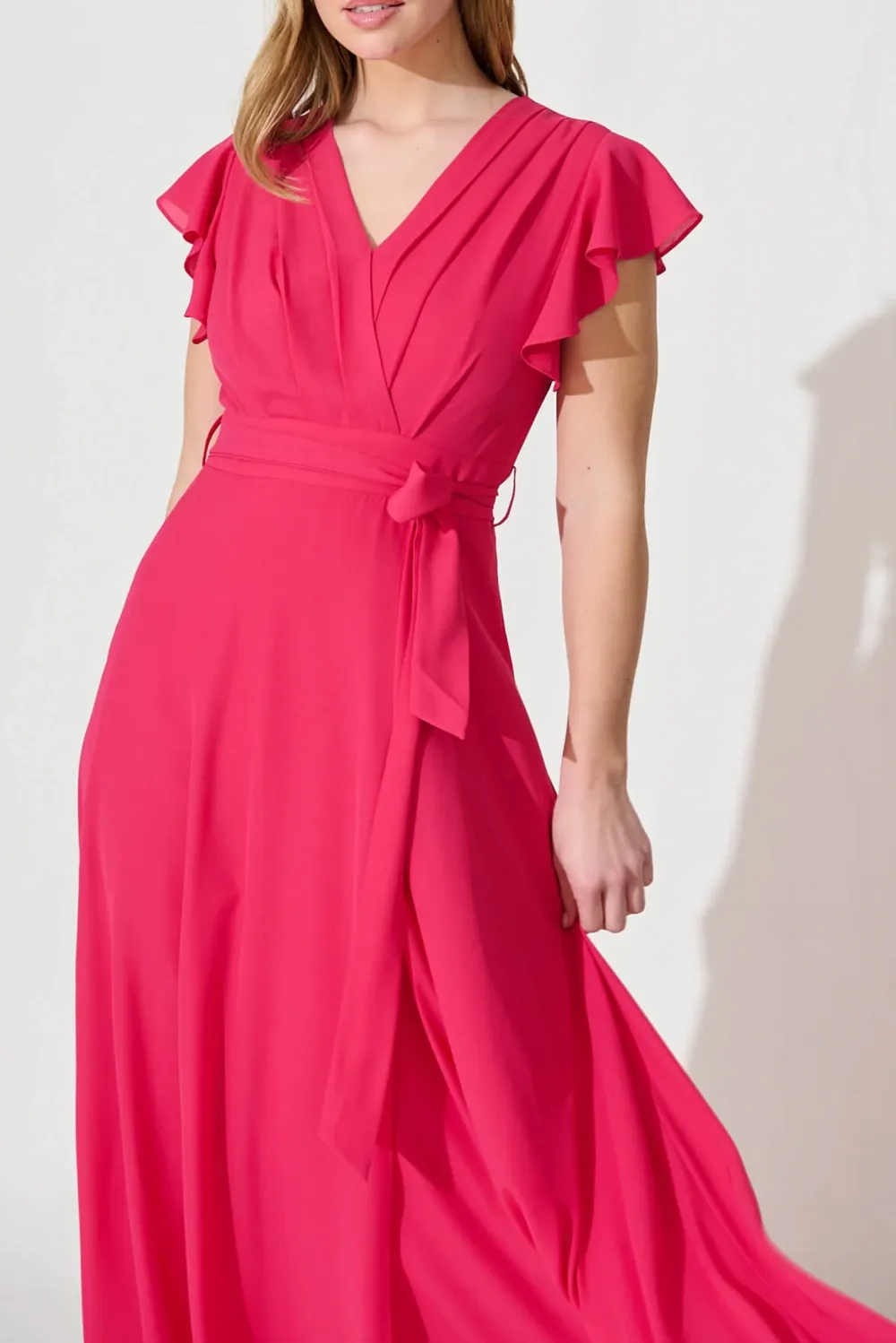 Fuchsia Ruffled Sleeve Wrap Style Maxi Dress