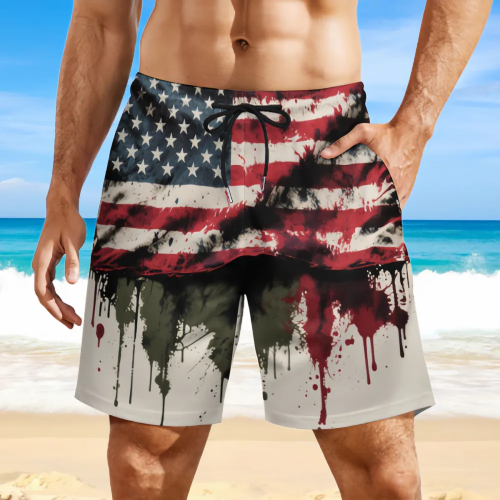 Fashionable Sports Beach Shorts With Splashed Ink Flag
