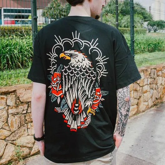 Vintage Floral Eagle Print Short-sleeved T-shirt
