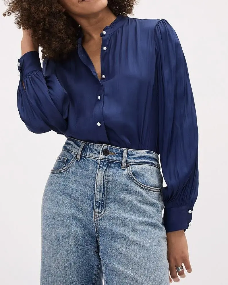 Long-Puffy-Sleeve Buttoned-Down Satin Blouse