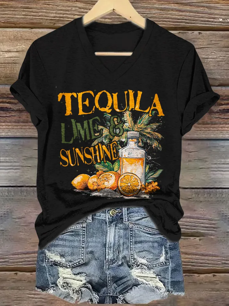 Women's Tequila Short Sleeves V-Neck Pure Cotton T-Shirt