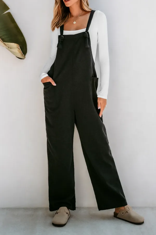 Charcoal Square Neck Knotted Strap Flared Leg Overalls