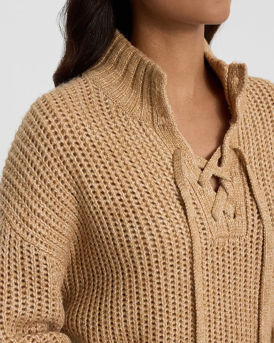 Easy Stitched Lace Up Mock Neck Sweater