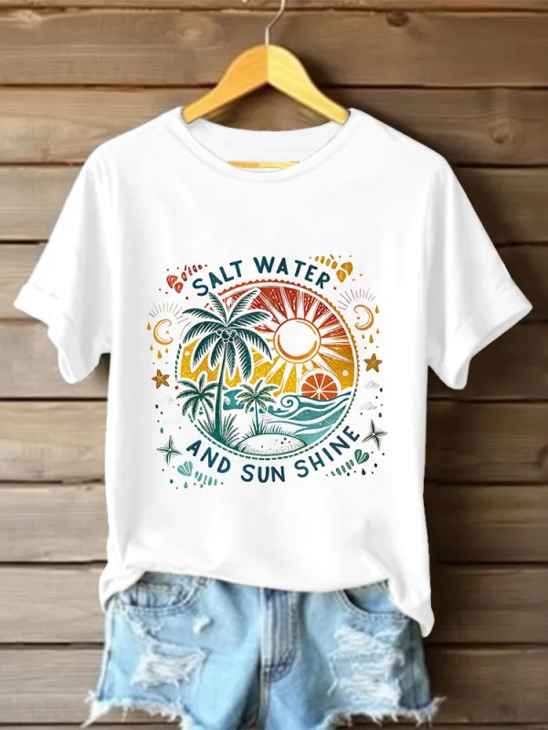 Women's Salt Water And Sunshine Round Neck Short Sleeves Pure Cotton T-Shirt