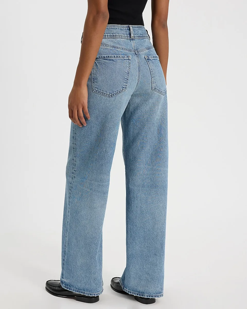 High Waisted Medium Wash Horsebit Wide Leg Jeans