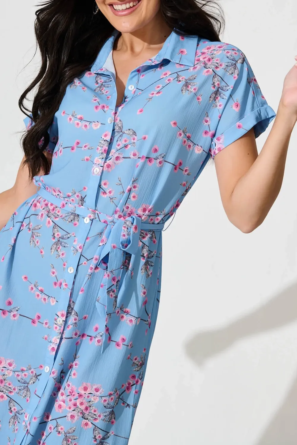 Light Blue Floral Print Shirt Midi Dress