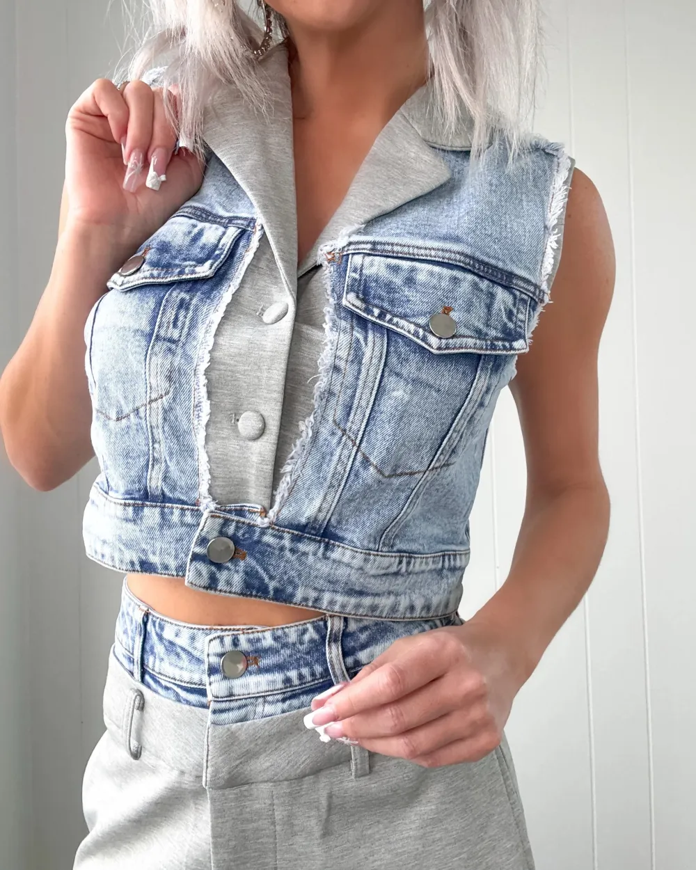 Arleen Mixed Denim Vest & Pants Set - Blue/Grey