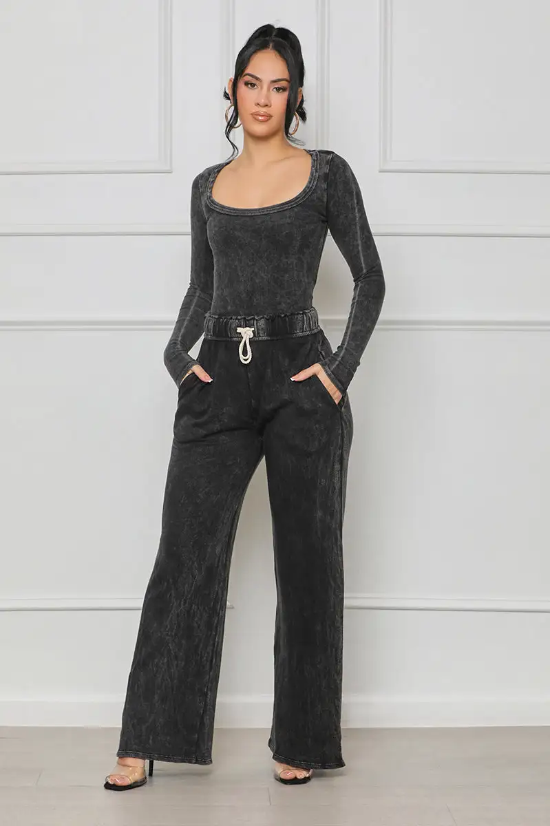 So Influential Contour Ribbed Pants Set (Grey Acid Wash)- FINAL SALE
