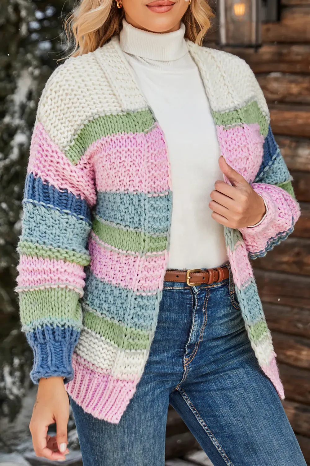 Colorblock Crochet Open Front Cardigan