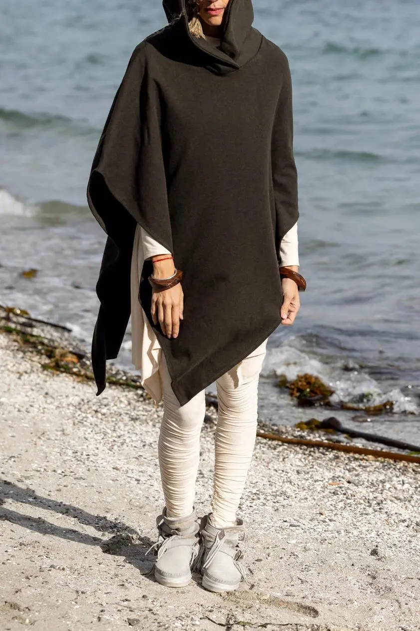 Cashmere Medicne Poncho W/ A Hood - Dark Olive Green