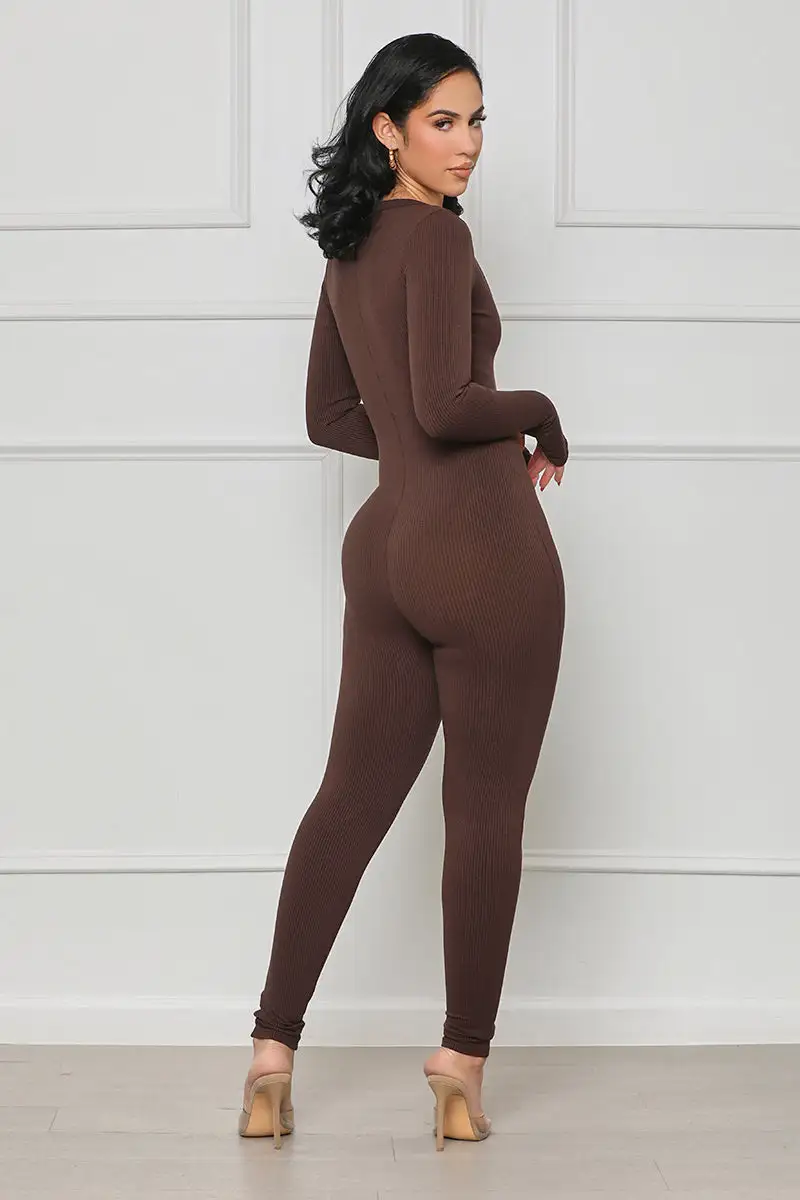 Seamless Ribbed Cut-Out Jumpsuit (Brown)- FINAL SALE