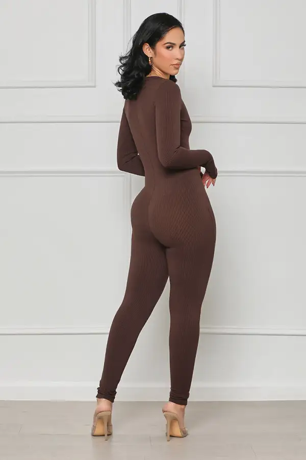 Seamless Ribbed Cut-Out Jumpsuit (Brown)- FINAL SALE