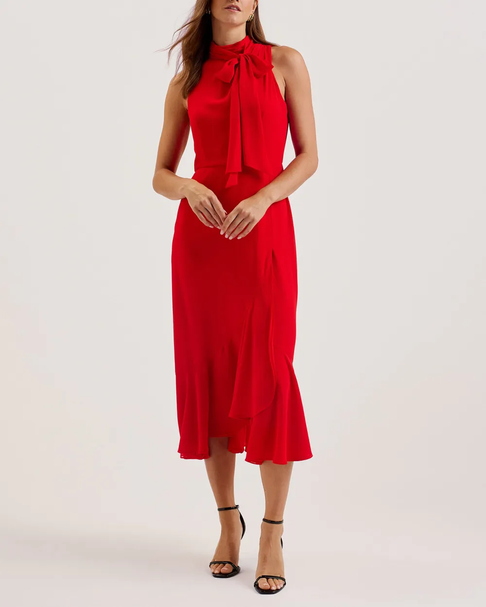 Rowaa Sleeveless Scarf Detail Midi Dress Red