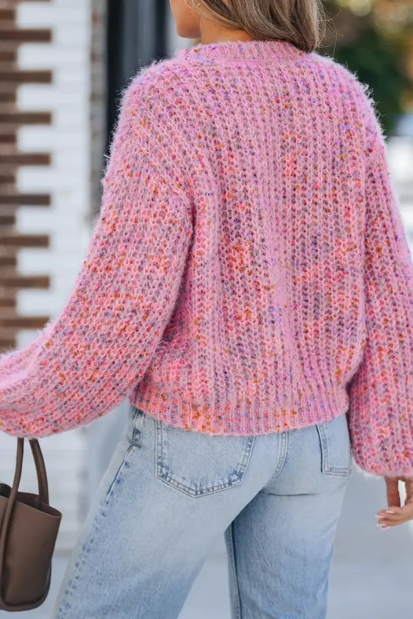 Pink Round Neck Cable Knit Puff Sleeve Sweater