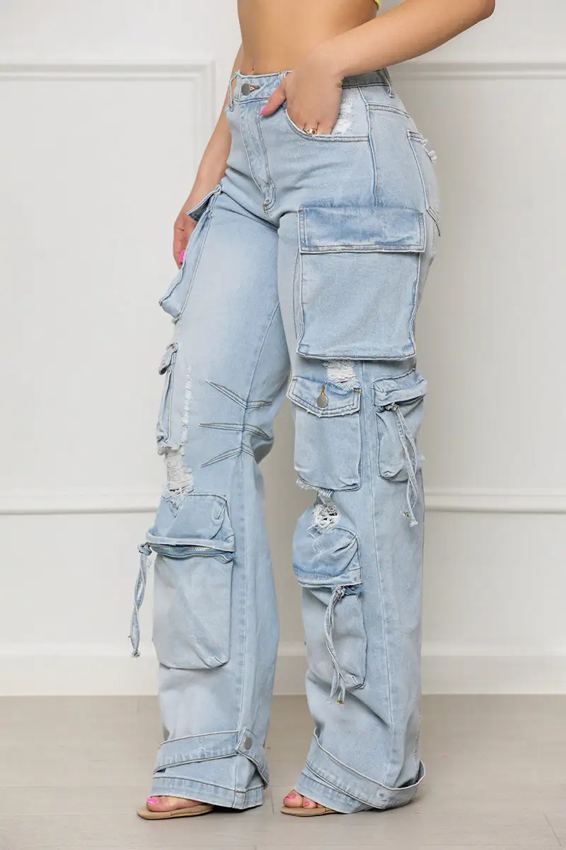 Always On Go Distressed Cargo Jeans (Light Wash)
