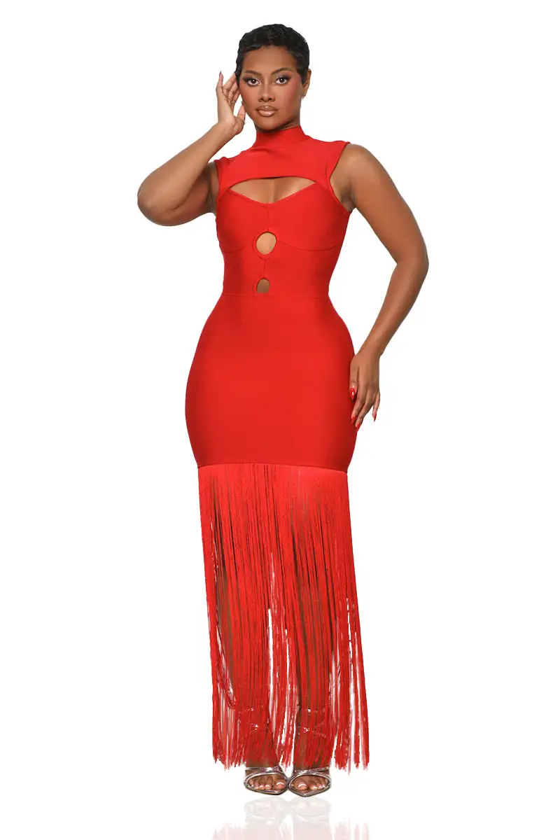 Ball Me Out Fringe Bandage Dress (Red)