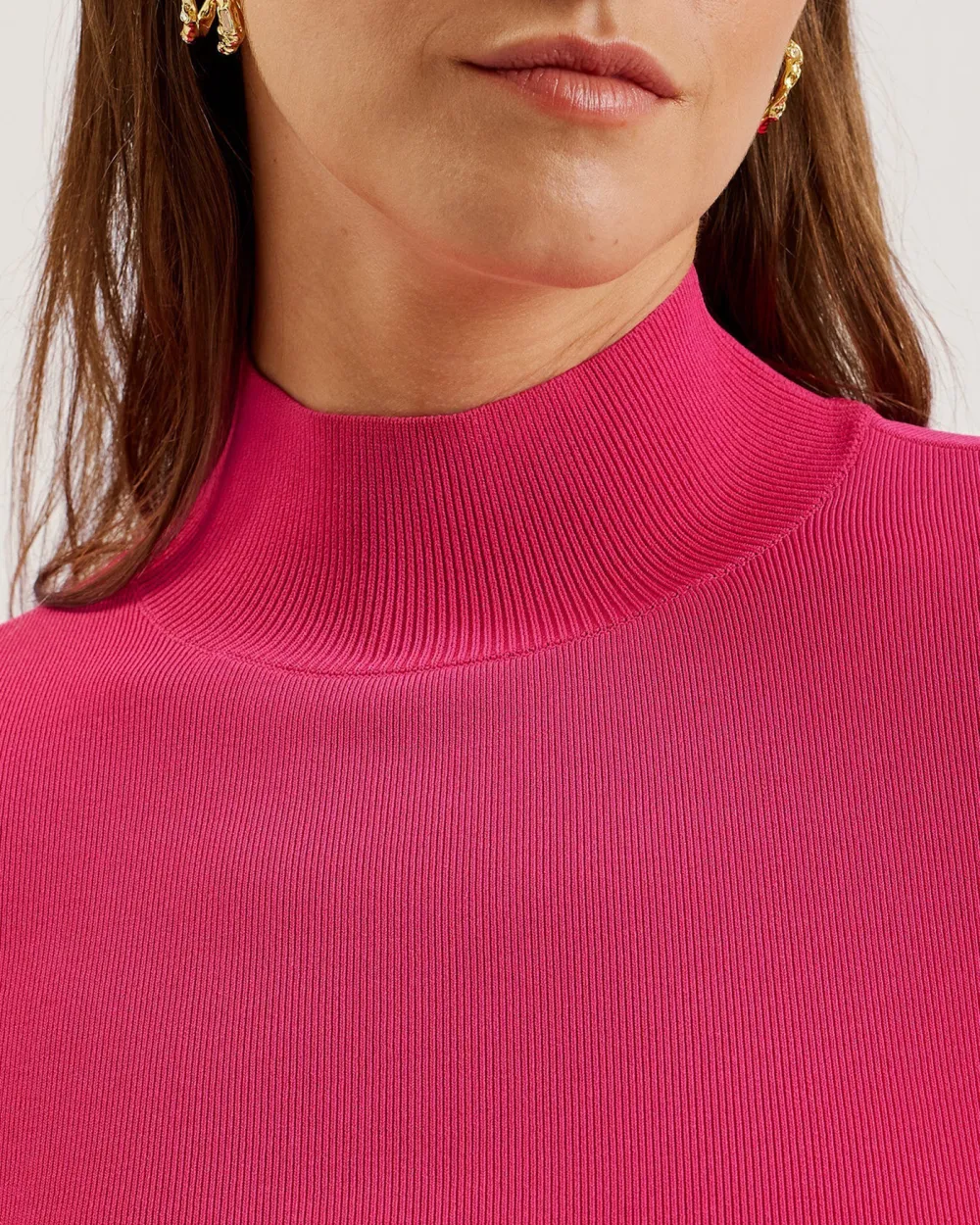 Laynha High Neck Knitted Frill Sleeve Top Fuchsia