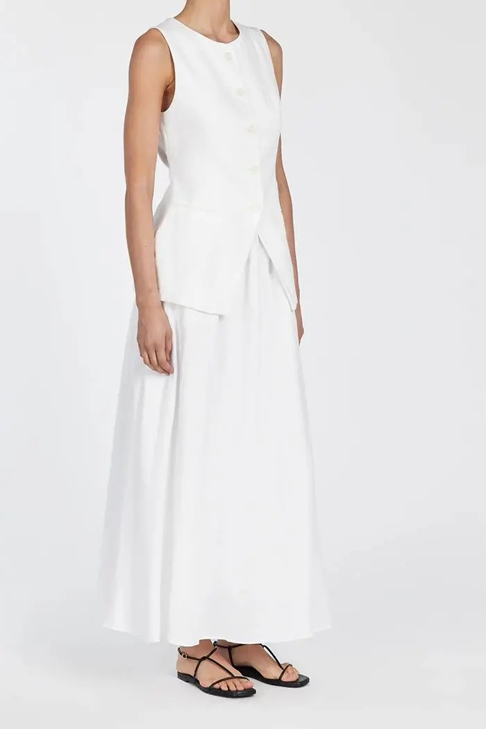 GEMIMA WHITE LINEN MIDI SKIRT