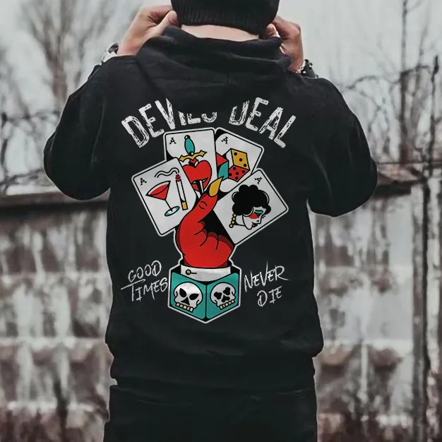 Devil閳ユ獨 Deal Poker Cards Print Streetwear Men閳ユ獨 Hoodie