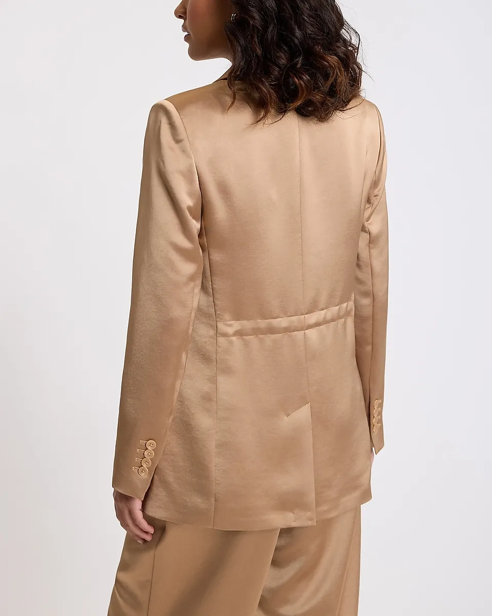 Satin One Button Cinched Boyfriend Blazer + Satin Pintuck Pull On Trousers