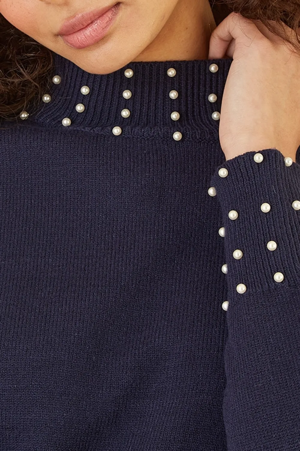 Navy Pearl Detail High Neck Jumper