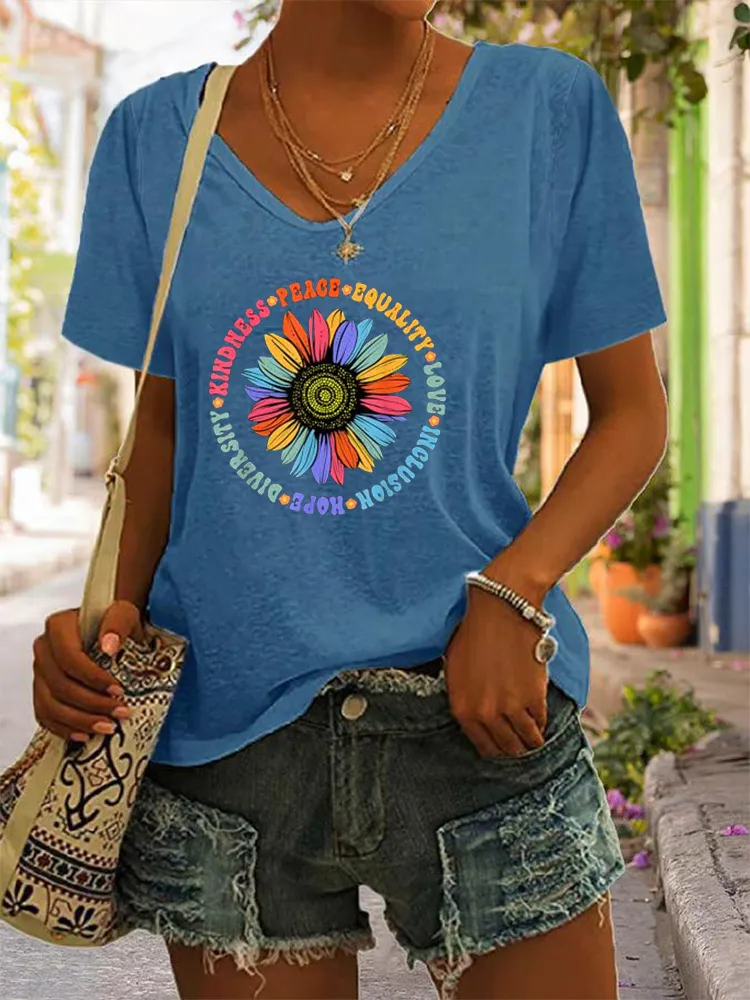 T-Shirt Kindness Peace Equality Love Hope Diversity Human Rights Black Floral Sunflower Pattern T-Shirt