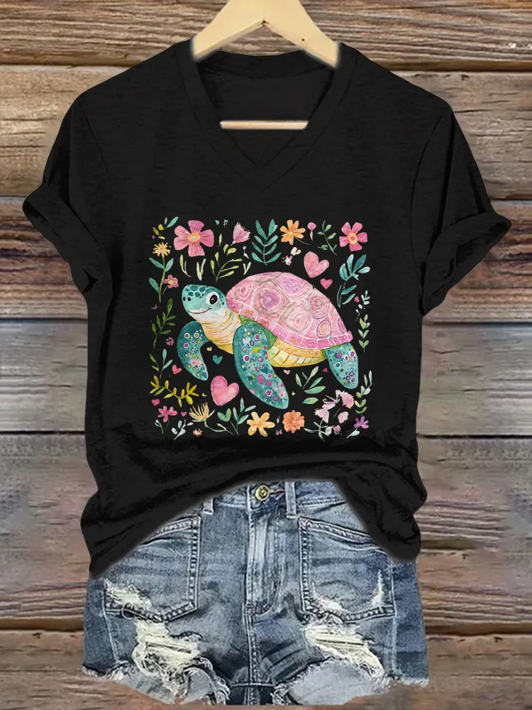 Women's Summer Turtle And Floral Short Sleeves V-Neck Pure Cotton T-Shirt