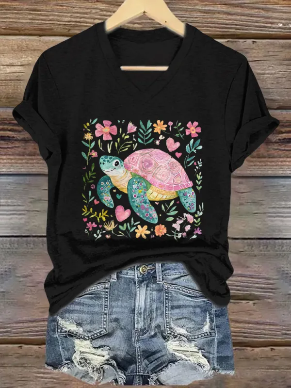 Women's Summer Turtle And Floral Short Sleeves V-Neck Pure Cotton T-Shirt