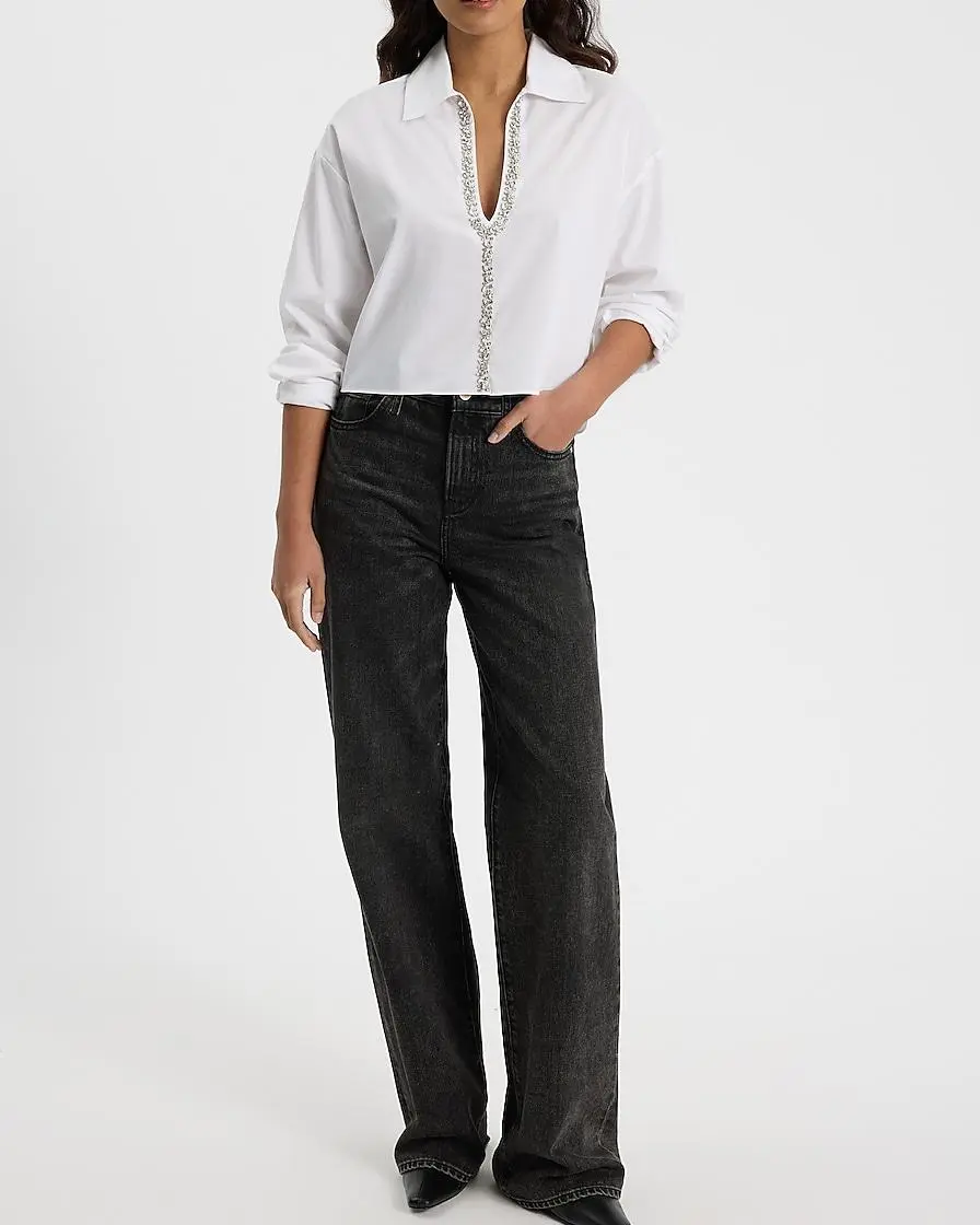 Embellished Collared V-Neck Long Sleeve Cropped Shirt