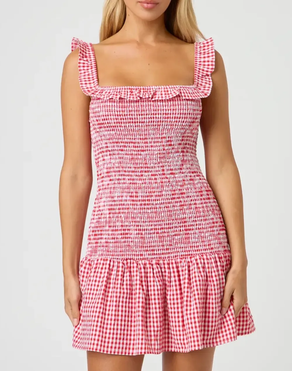 Shirred Gingham Mini Dress