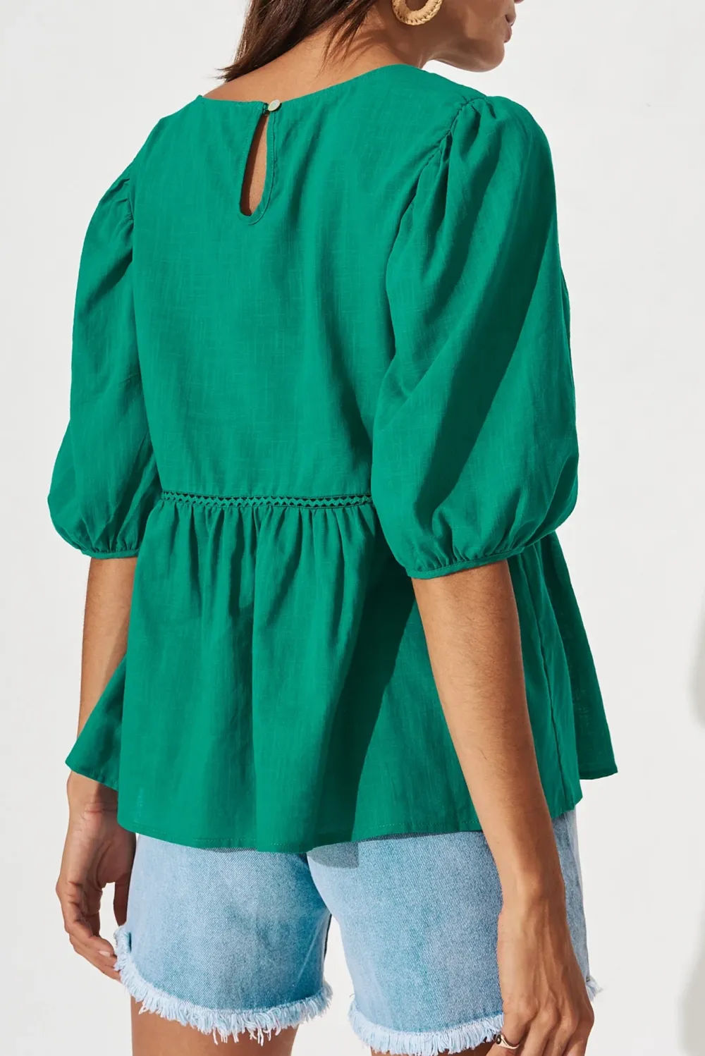 Green Half Sleeve Peplum Linen Top