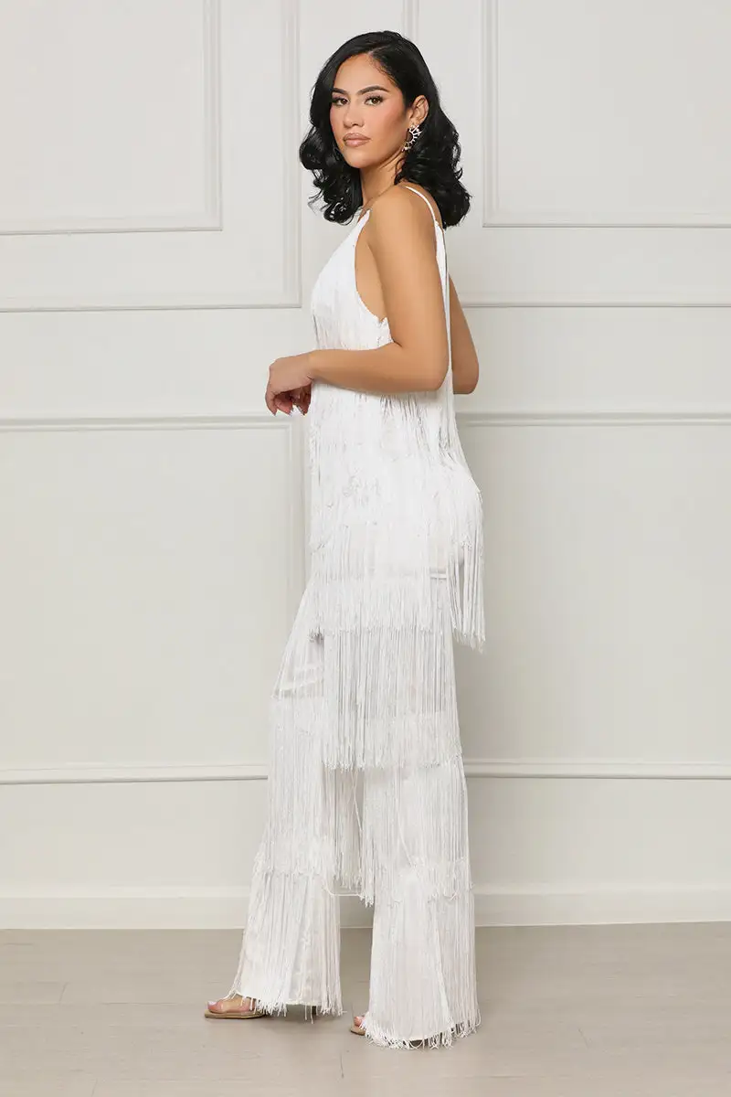 Feeling Fringe Jumpsuit (White)- FINAL SALE
