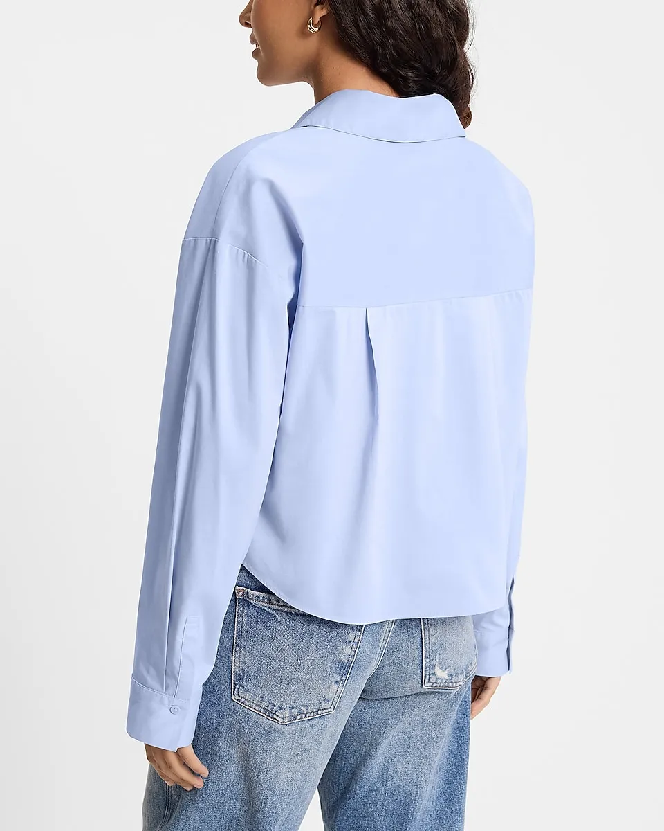 Embellished Collared V-Neck Long Sleeve Cropped Shirt