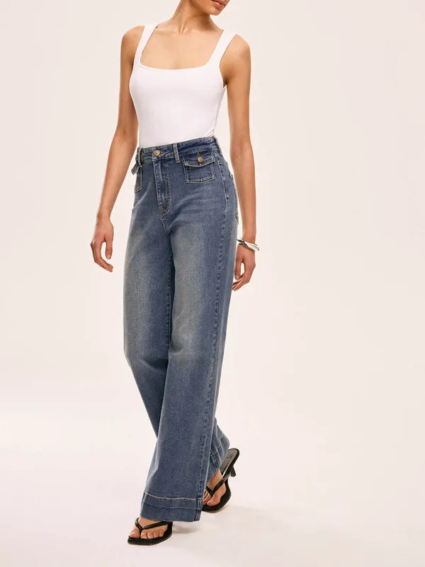 Mid-Waist Flared Jeans With Decor Pockets