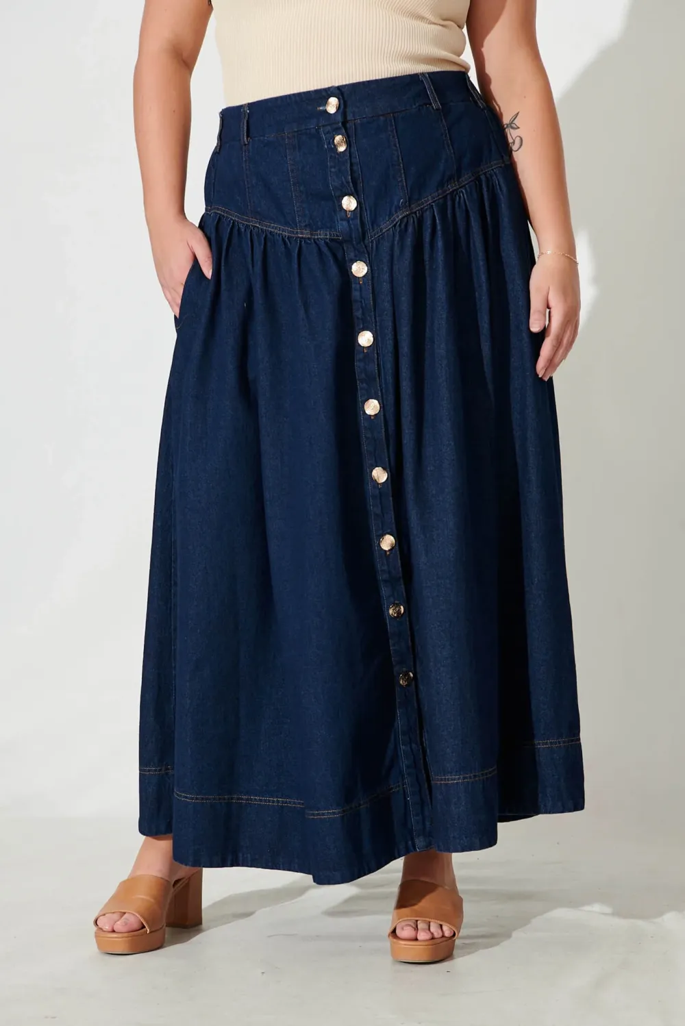 Navy Blue Button Front Denim Midi Skirt