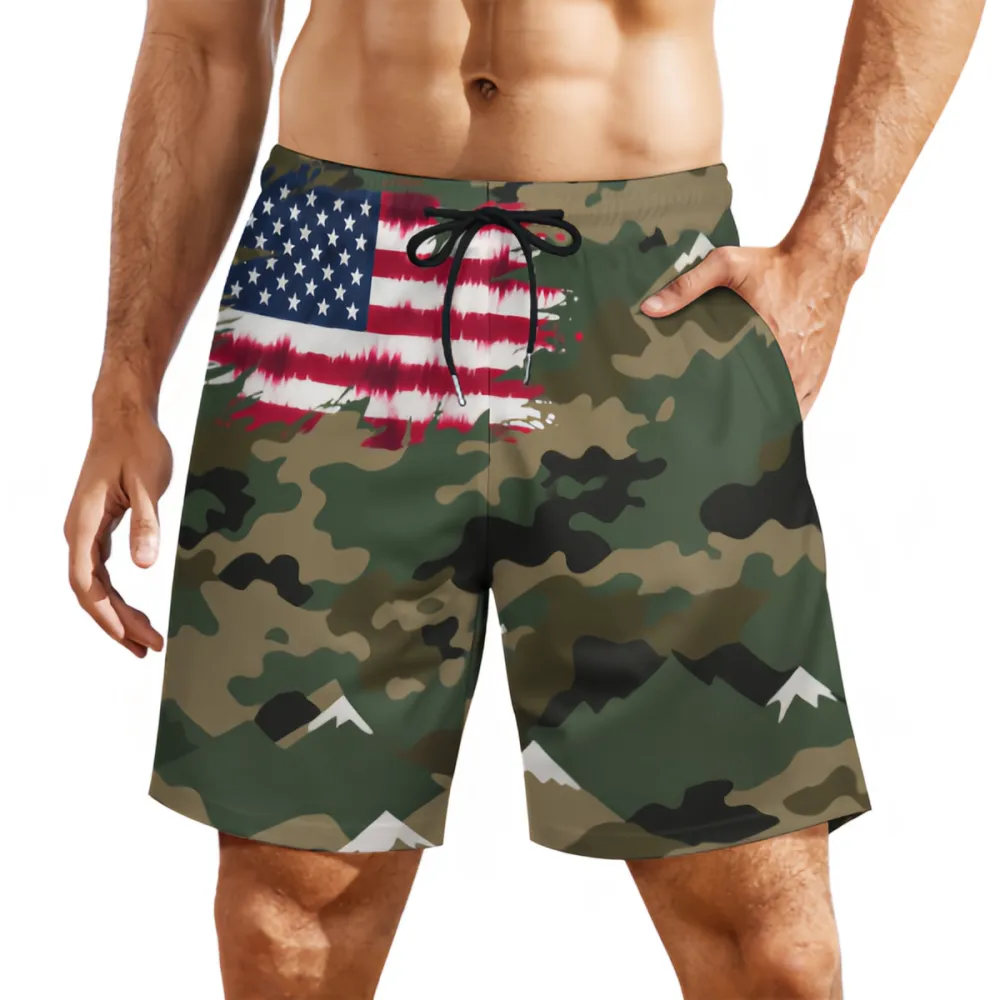 Flag Camouflage Sports Beach Shorts In The Upper Right Corner