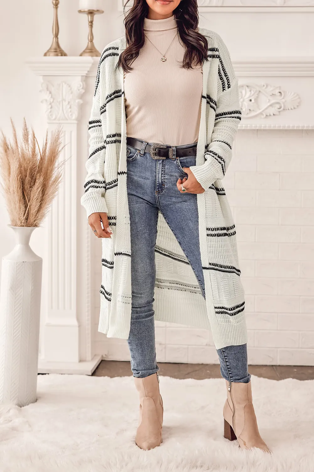 Striped Open-Front Longline Cardigan