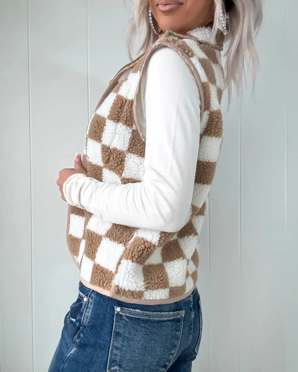 Neutral Grid Checkered Sherpa Vest - Beige