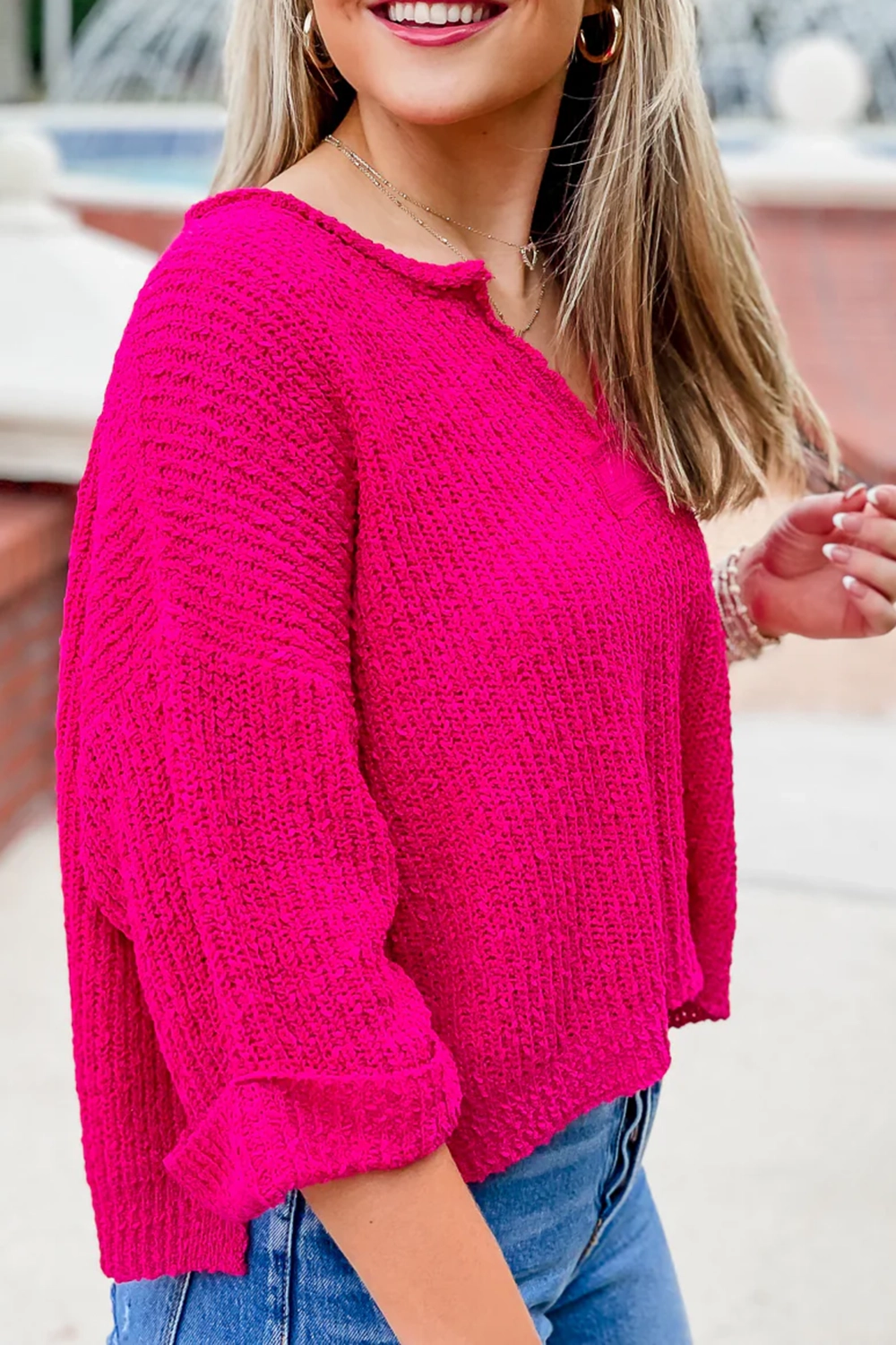 Rose red V-neck sweater