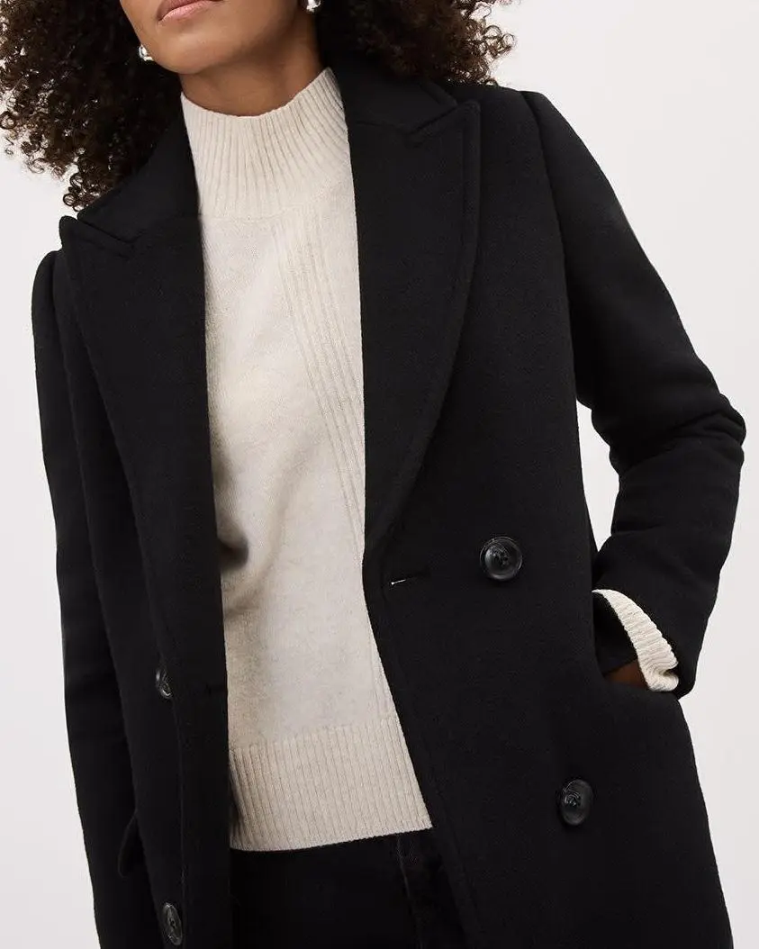 Solid Long Double-Breasted Wool Coat