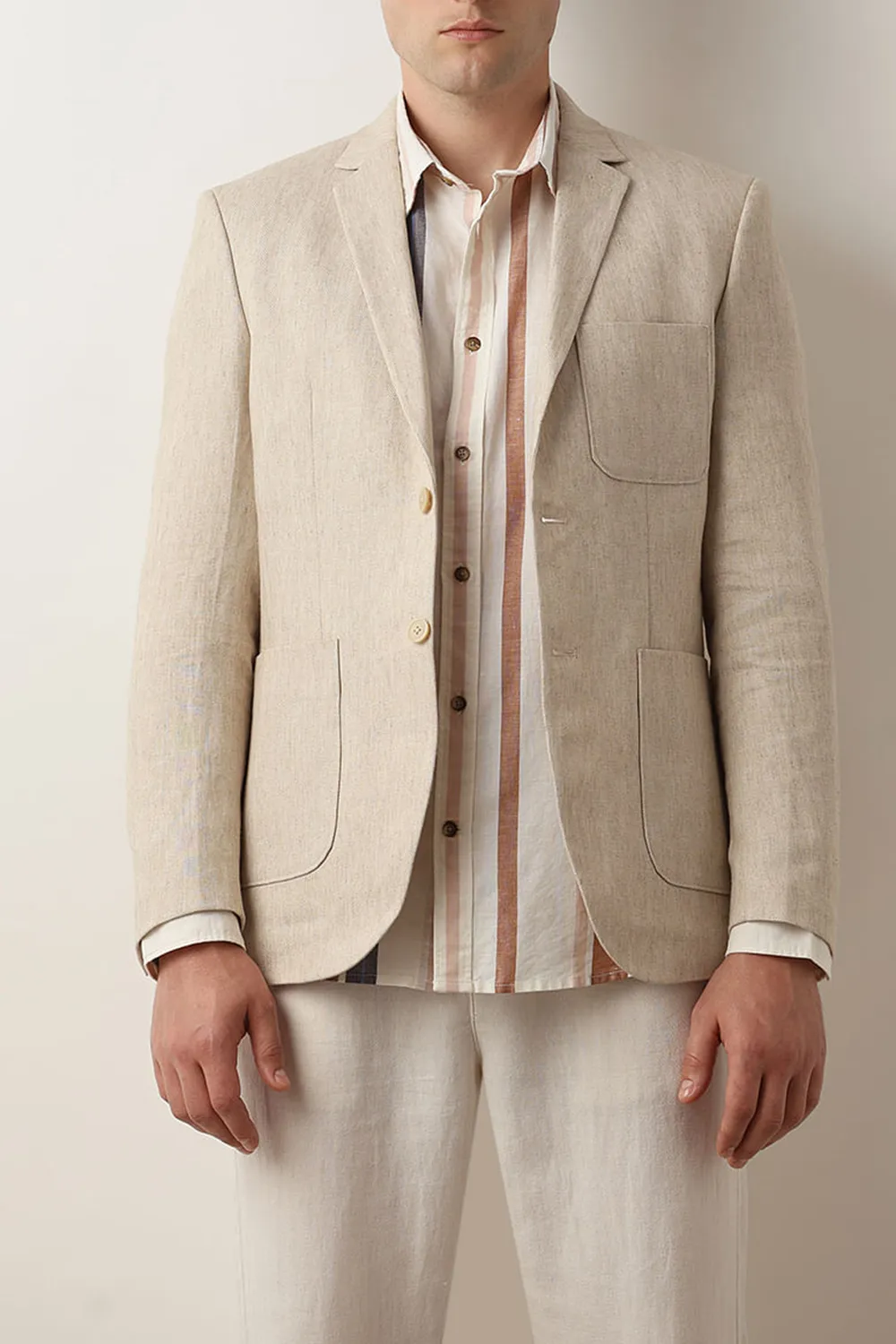 Beige Striped Linen Full Sleeves Shirt